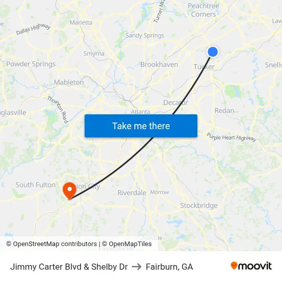 Jimmy Carter Blvd & Shelby Dr to Fairburn, GA map