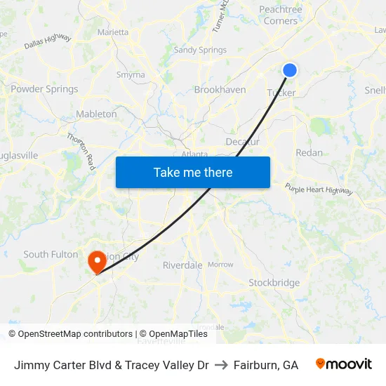 Jimmy Carter Blvd & Tracey Valley Dr to Fairburn, GA map