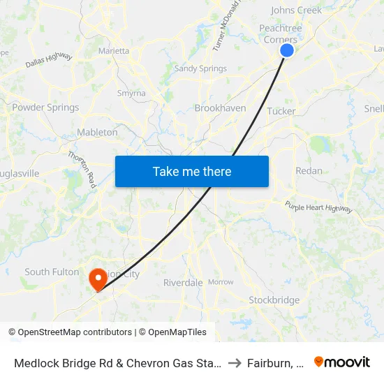 Medlock Bridge Rd & Chevron Gas Station to Fairburn, GA map
