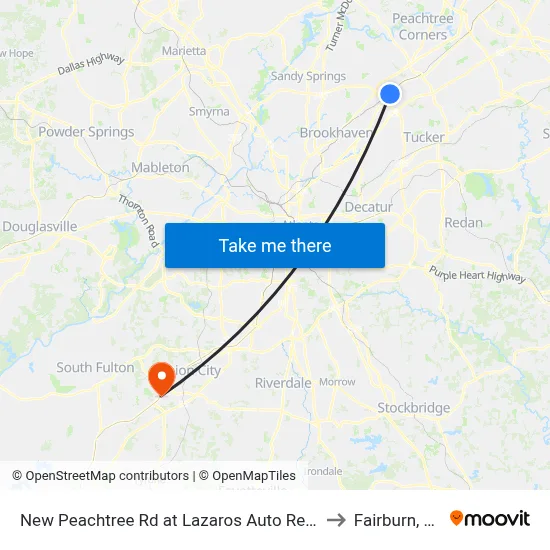 New Peachtree Rd at Lazaros Auto Rep Ib to Fairburn, GA map