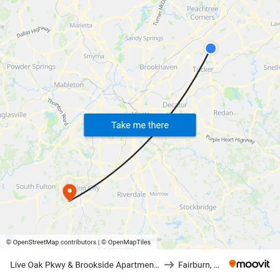Live Oak Pkwy & Brookside Apartments to Fairburn, GA map