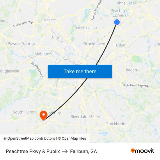 Peachtree Pkwy & Publix to Fairburn, GA map