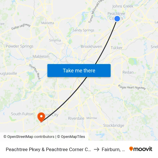 Peachtree Pkwy & Peachtree Corner Cir Ib to Fairburn, GA map