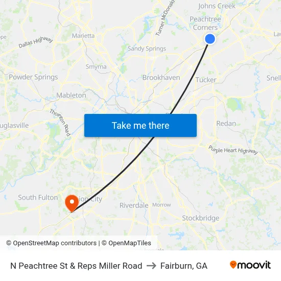 N Peachtree St & Reps Miller Road to Fairburn, GA map