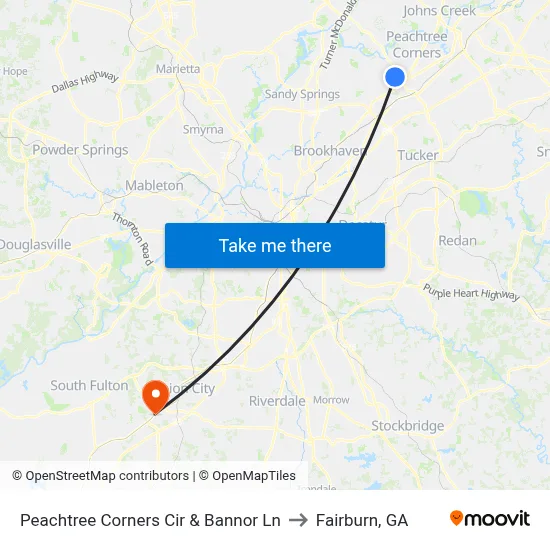 Peachtree Corners Cir & Bannor Ln to Fairburn, GA map