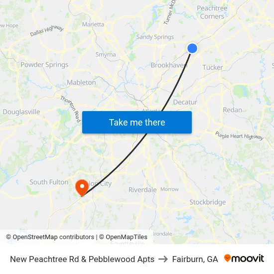 New Peachtree Rd & Pebblewood Apts to Fairburn, GA map