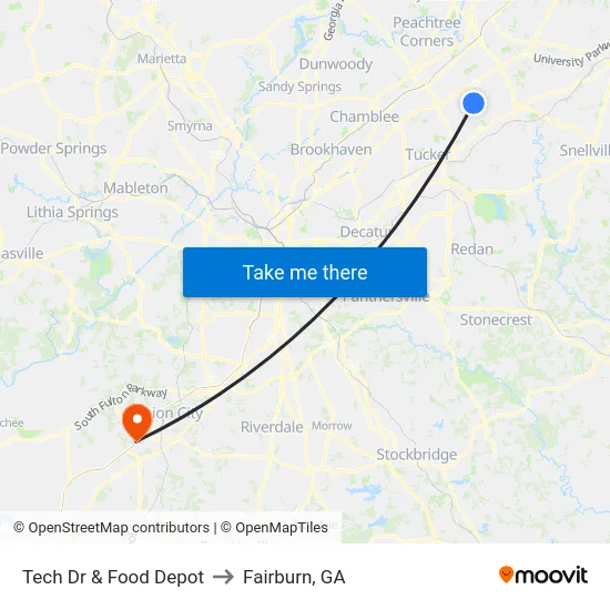 Tech Dr & Food Depot to Fairburn, GA map