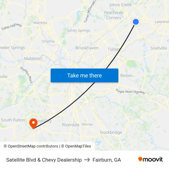 Satellite Blvd & Chevy Dealership to Fairburn, GA map