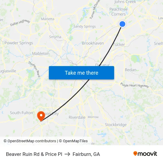 Beaver Ruin Rd & Price Pl to Fairburn, GA map
