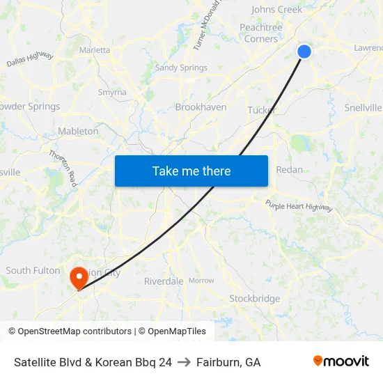 Satellite Blvd & Korean Bbq 24 to Fairburn, GA map