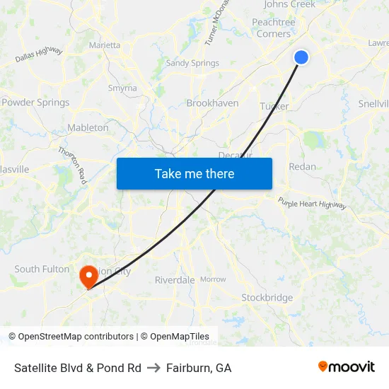 Satellite Blvd & Pond Rd to Fairburn, GA map