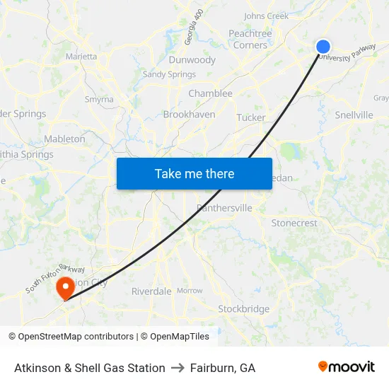 Atkinson & Shell Gas Station to Fairburn, GA map