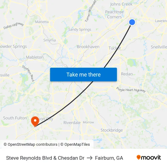 Steve Reynolds Blvd & Chesdan Dr to Fairburn, GA map