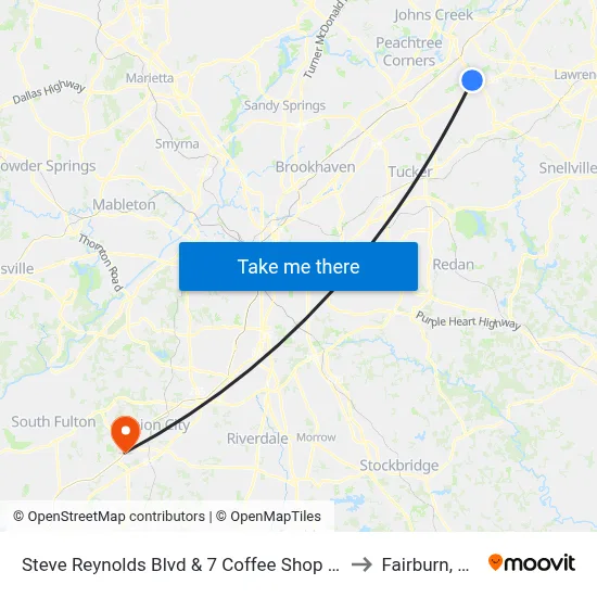 Steve Reynolds Blvd & 7 Coffee Shop Ob to Fairburn, GA map