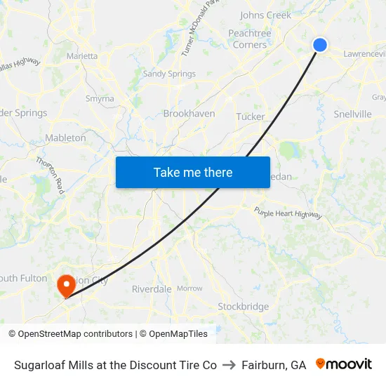 Sugarloaf Mills at the Discount Tire Co to Fairburn, GA map