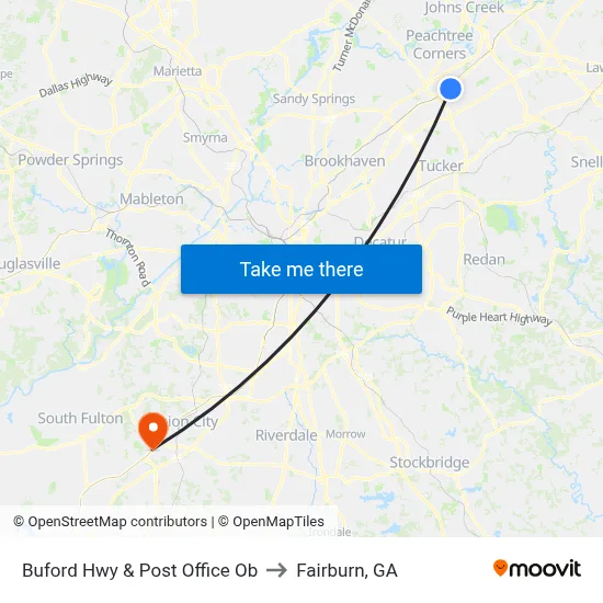 Buford Hwy & Post Office Ob to Fairburn, GA map