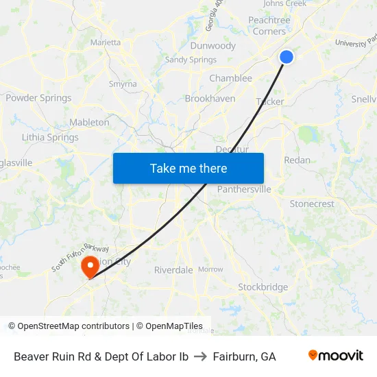 Beaver Ruin Rd & Dept Of Labor Ib to Fairburn, GA map