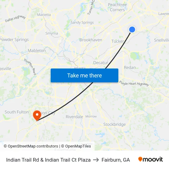Indian Trail Rd & Indian Trail Ct Plaza to Fairburn, GA map