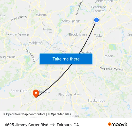 6695 Jimmy Carter Blvd to Fairburn, GA map