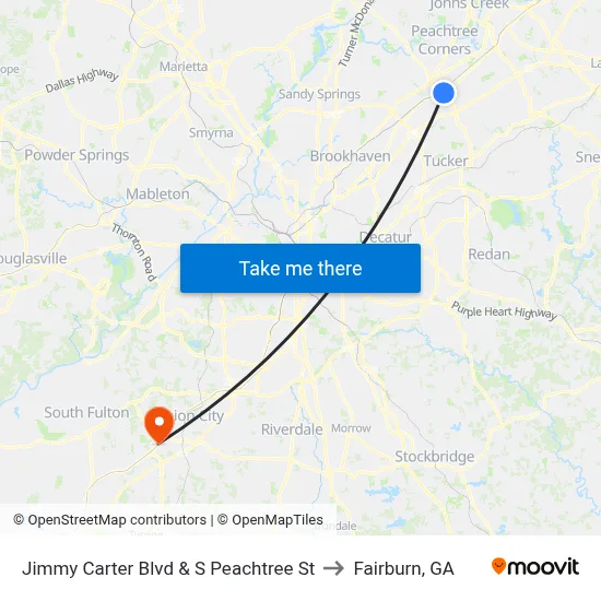 Jimmy Carter Blvd & S Peachtree St to Fairburn, GA map