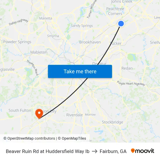 Beaver Ruin Rd at Huddersfield Way Ib to Fairburn, GA map