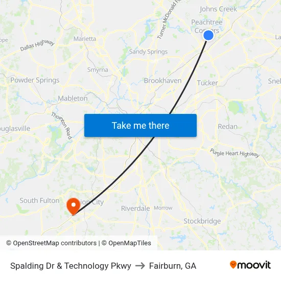 Spalding Dr & Technology Pkwy to Fairburn, GA map