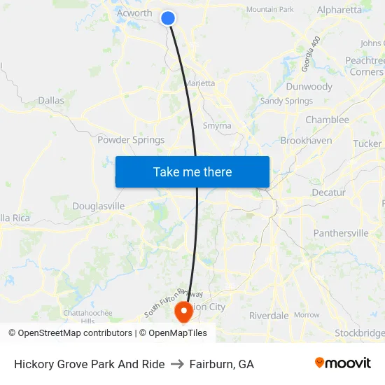 Hickory Grove Park And Ride to Fairburn, GA map