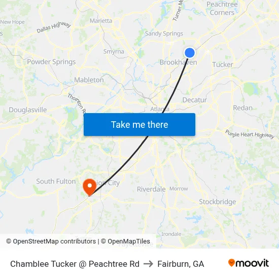 Chamblee Tucker @ Peachtree Rd to Fairburn, GA map