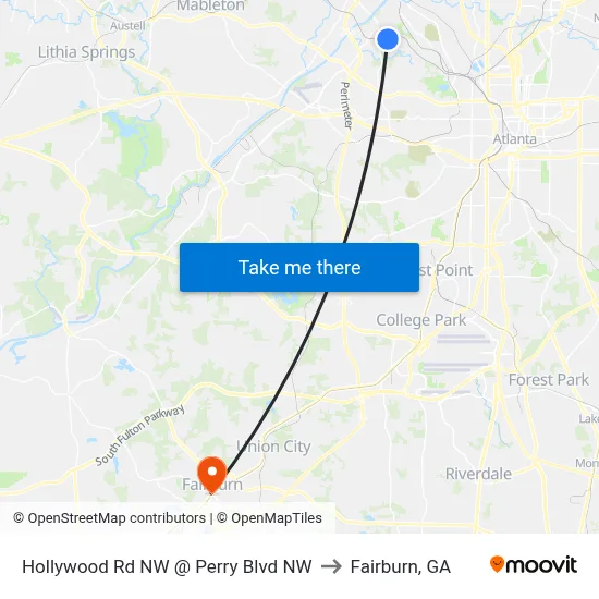 Hollywood Rd NW @ Perry Blvd NW to Fairburn, GA map