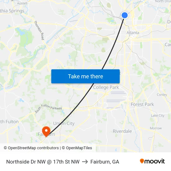 Northside Dr NW @ 17th St NW to Fairburn, GA map