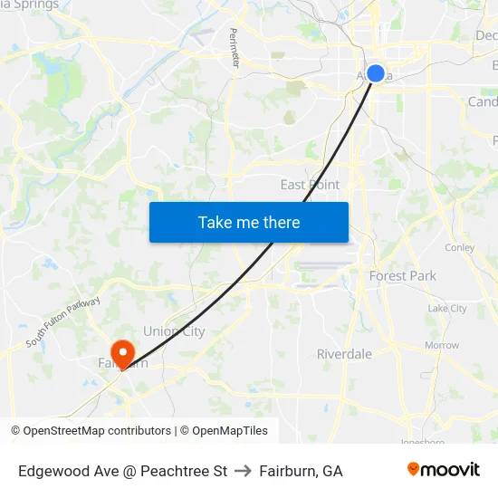 Edgewood Ave @ Peachtree St to Fairburn, GA map