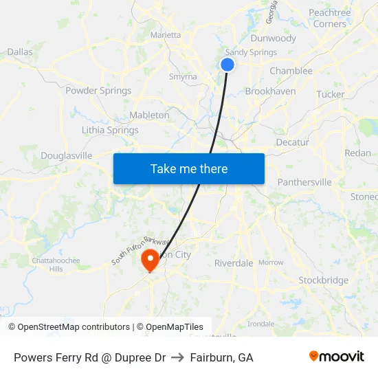 Powers Ferry Rd @ Dupree Dr to Fairburn, GA map