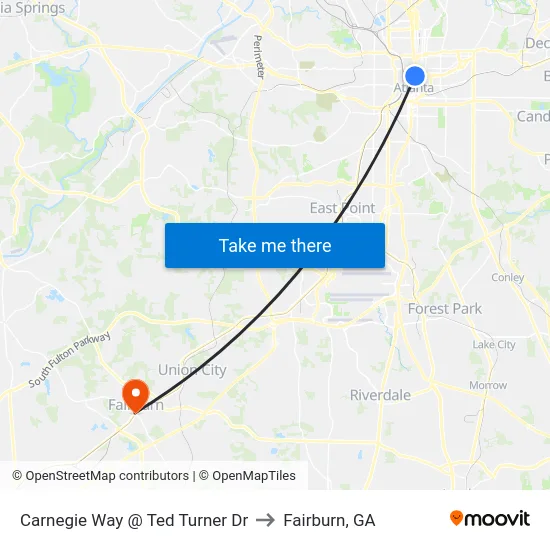 Carnegie Way @ Ted Turner Dr to Fairburn, GA map