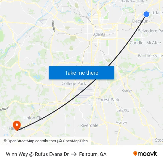 Winn Way @ Rufus Evans Dr to Fairburn, GA map