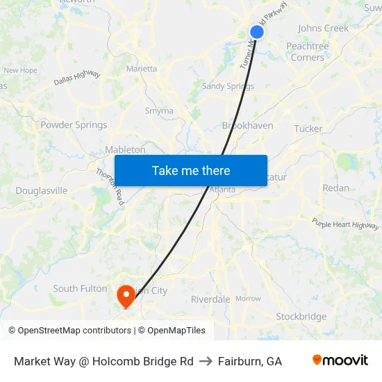 Market Way @ Holcomb Bridge Rd to Fairburn, GA map