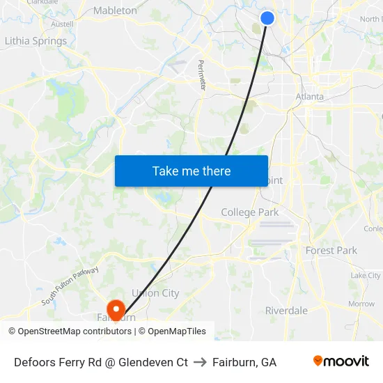 Defoors Ferry Rd @ Glendeven Ct to Fairburn, GA map