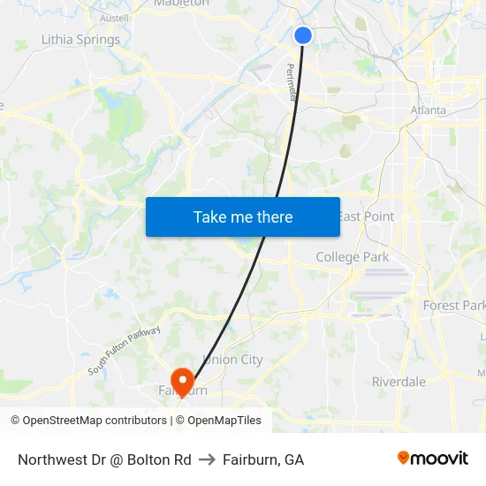 Northwest Dr @ Bolton Rd to Fairburn, GA map