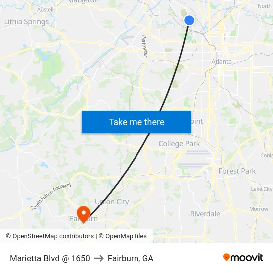 Marietta Blvd @ 1650 to Fairburn, GA map