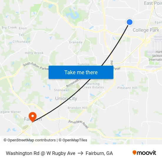 Washington Rd @ W Rugby Ave to Fairburn, GA map