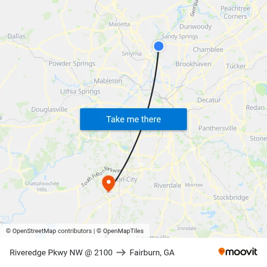 Riveredge Pkwy NW @ 2100 to Fairburn, GA map