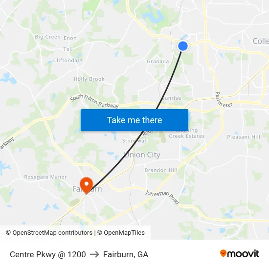 Centre Pkwy @ 1200 to Fairburn, GA map