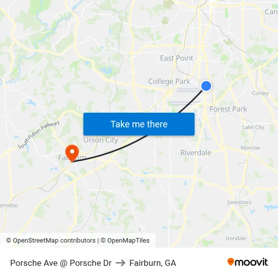 Porsche Ave @ Porsche Dr to Fairburn, GA map