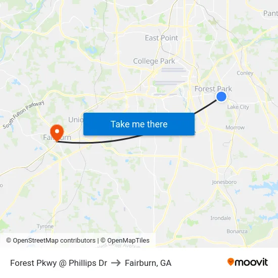 Forest Pkwy @ Phillips Dr to Fairburn, GA map