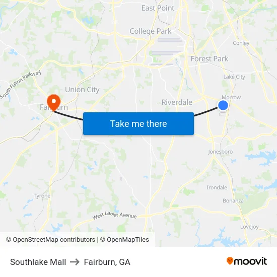 Southlake Mall to Fairburn, GA map