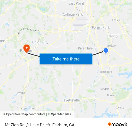 Mt Zion Rd @ Lake Dr to Fairburn, GA map