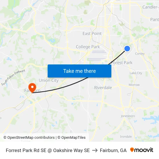Forrest Park Rd SE @ Oakshire Way SE to Fairburn, GA map