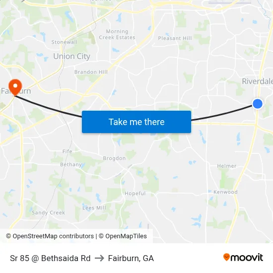 Sr 85 @ Bethsaida Rd to Fairburn, GA map
