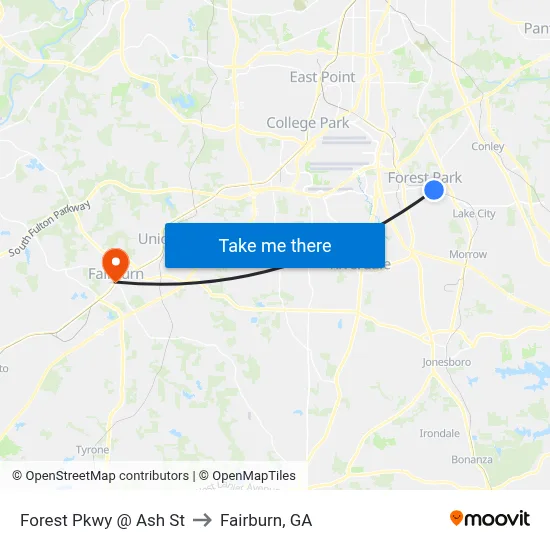 Forest Pkwy @ Ash St to Fairburn, GA map