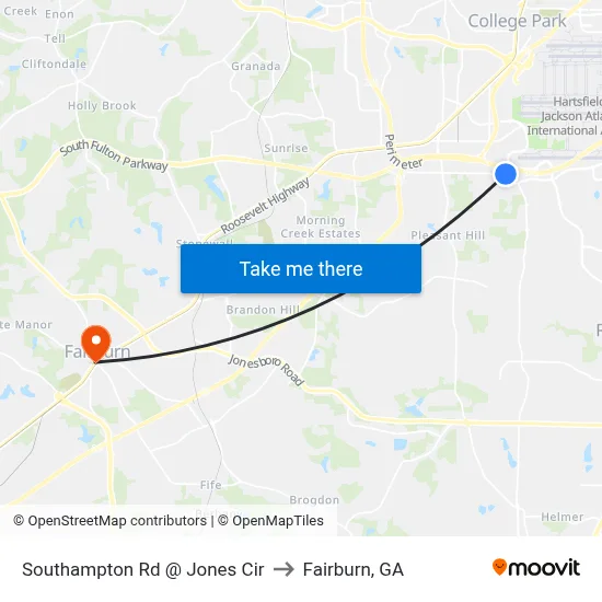 Southampton Rd @ Jones Cir to Fairburn, GA map