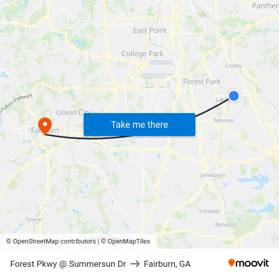 Forest Pkwy @ Summersun Dr to Fairburn, GA map